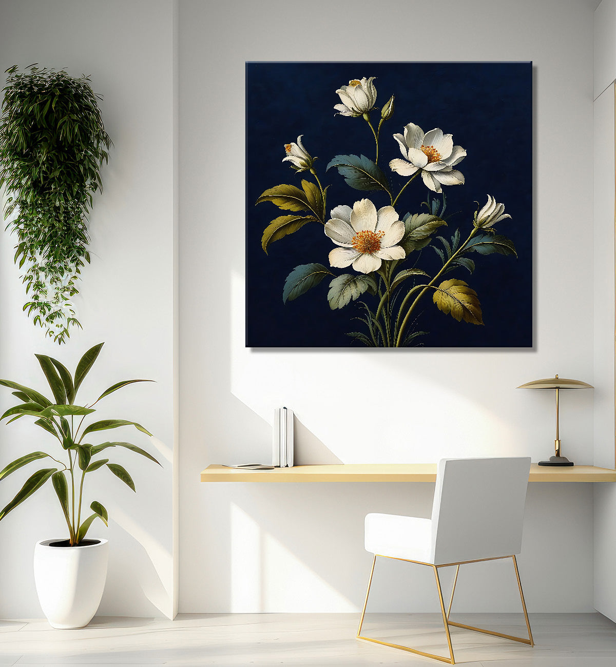 White flowers in navy blue textured painting Flower-S-549