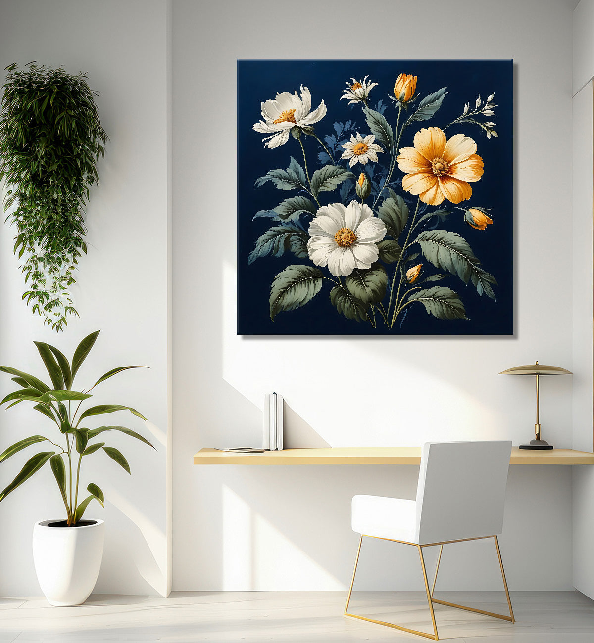 White and yellow flowers in navy blue textured painting Flower-S-550