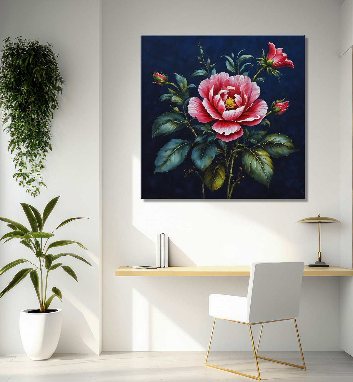 Pink flowers in navy blue textured painting Flower-S-552