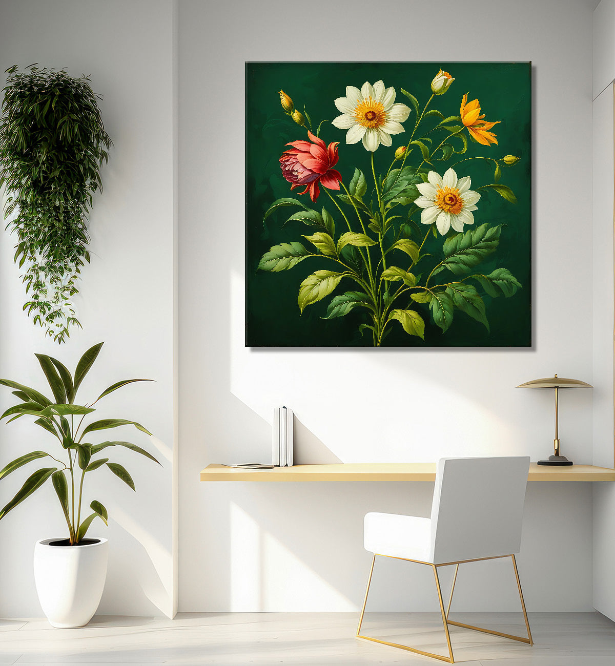 Colourful flowers in green textured painting Flower-S-555