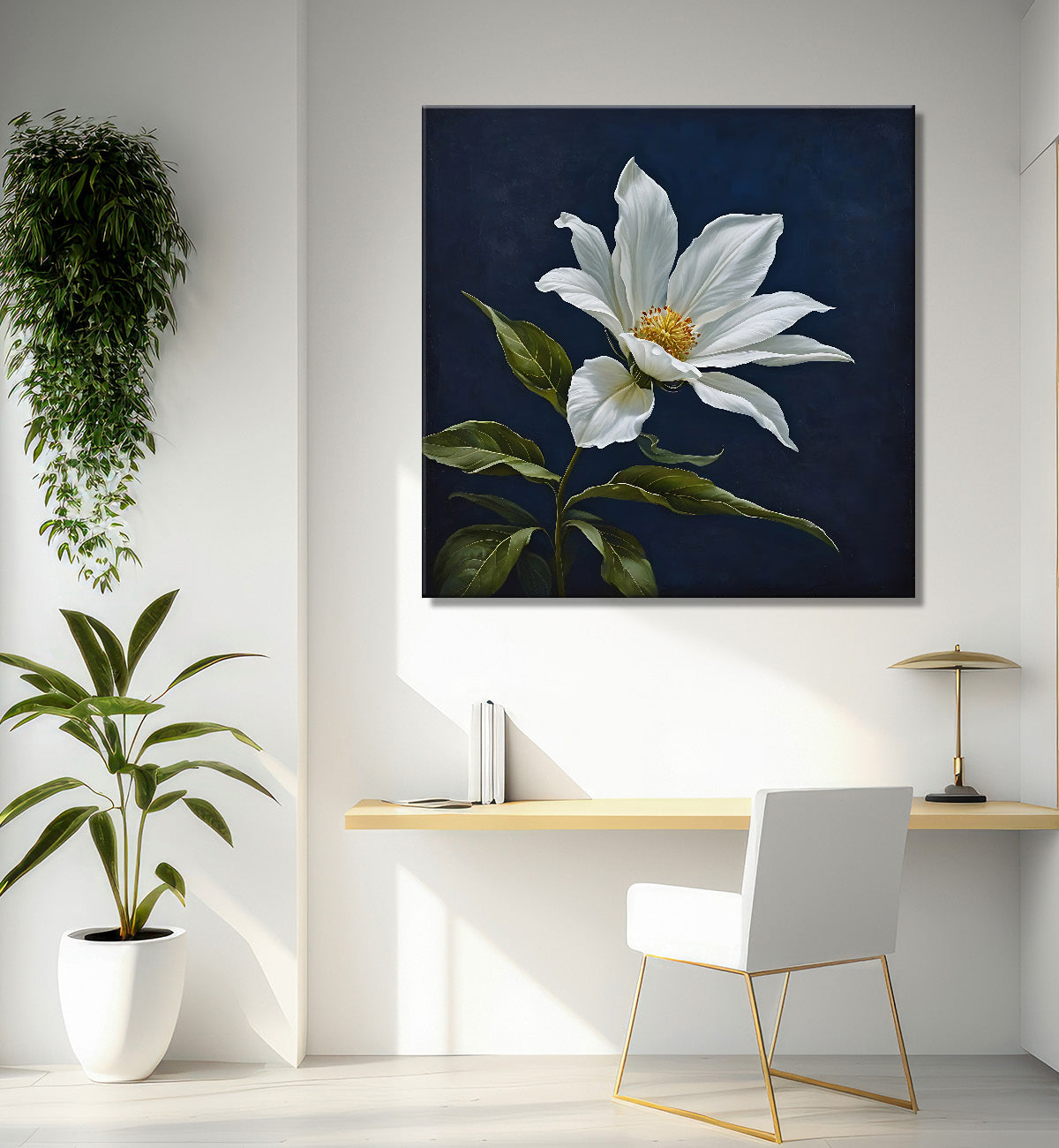 White flowers in navy blue textured painting Flower-S-558