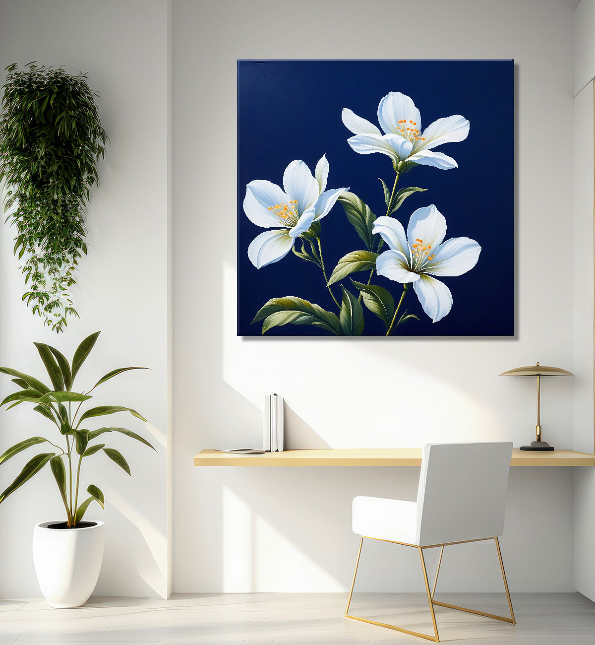 White flowers in navy blue textured painting Flower-S-559