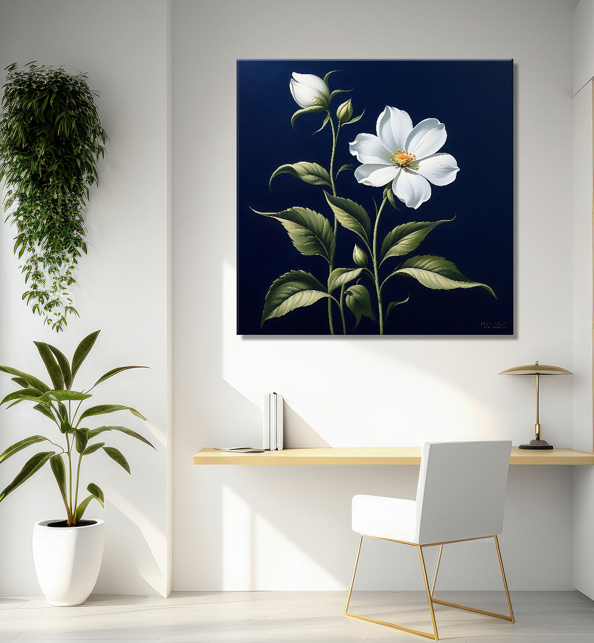 White flowers in navy blue textured painting Flower-S-560