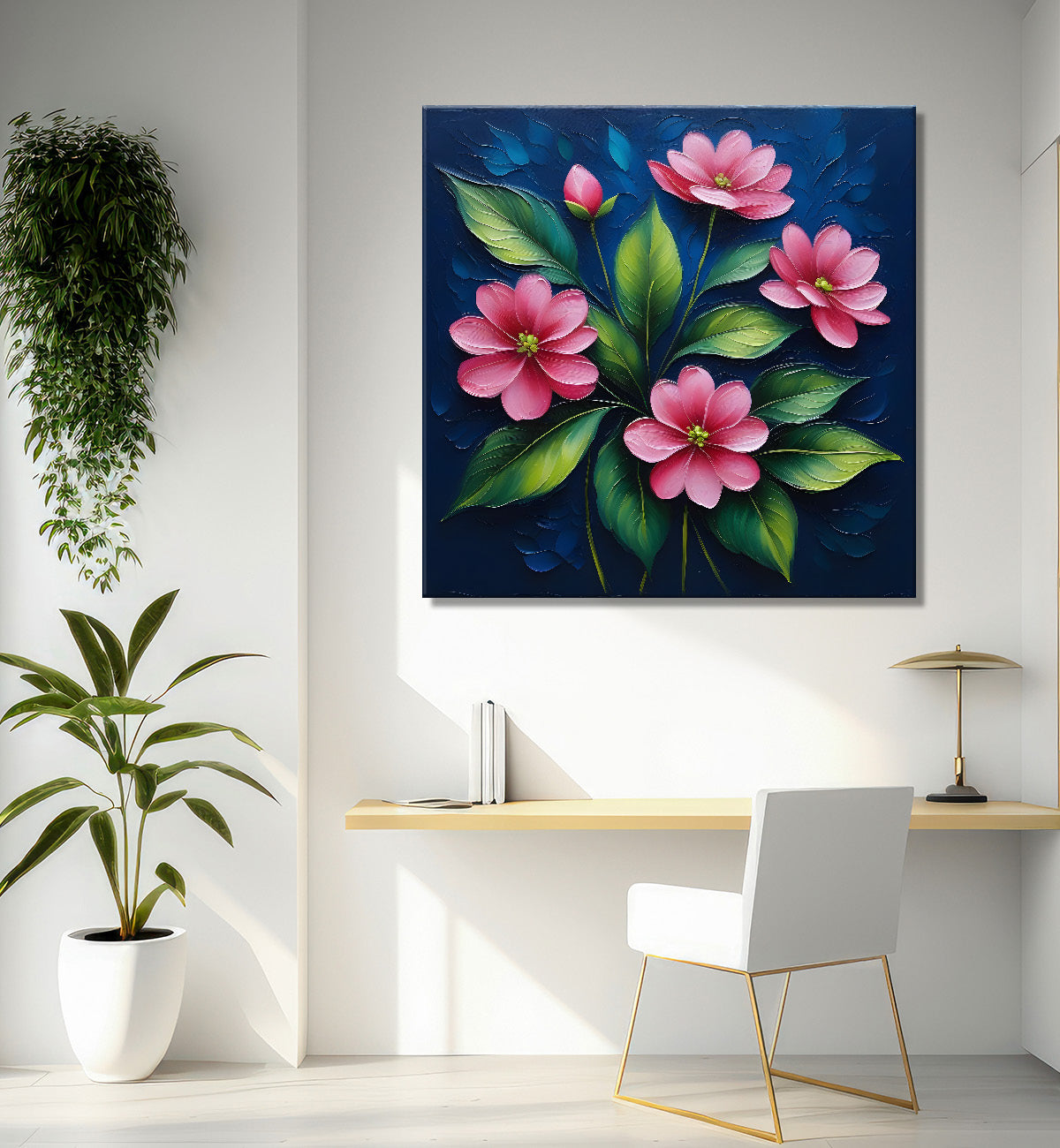 Pink flowers in navy blue textured painting Flower-S-562