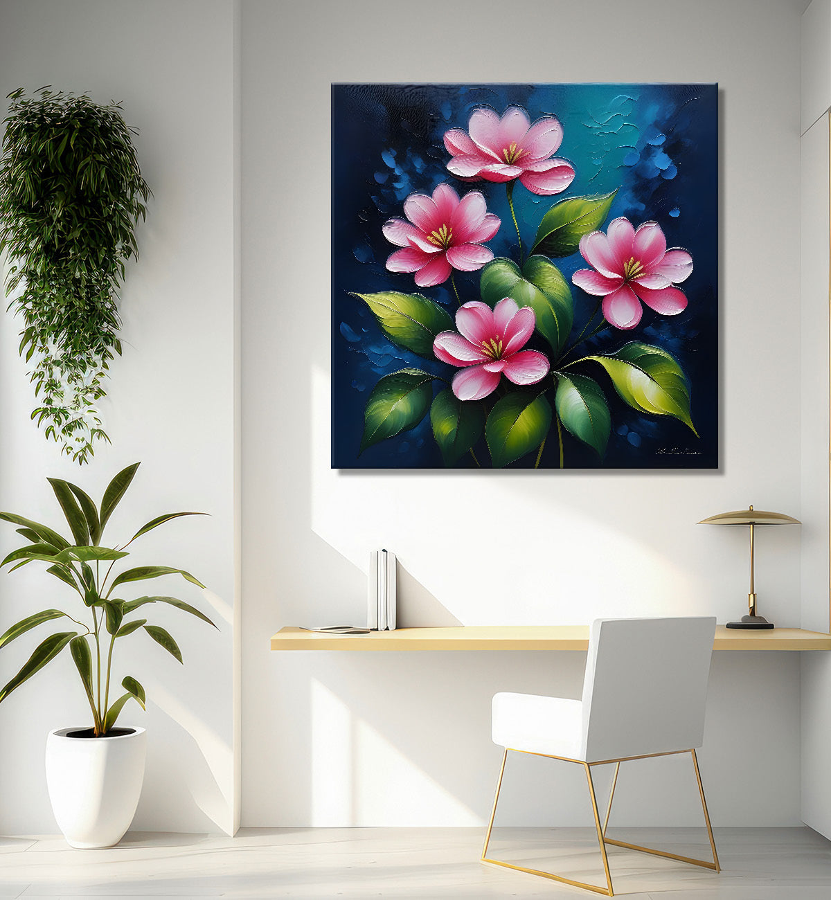 Pink flowers in navy blue textured painting Flower-S-563