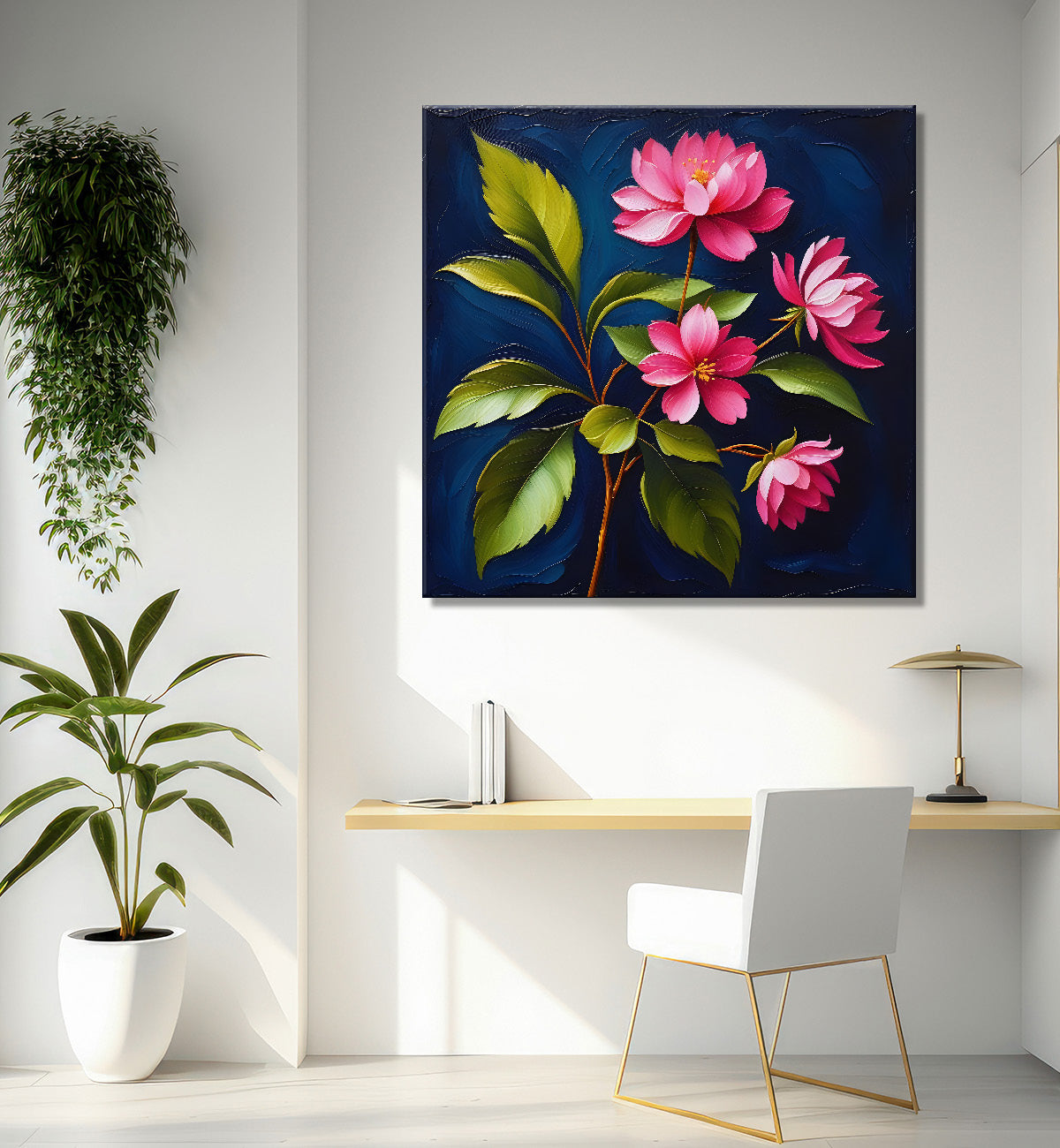 Pink flowers in navy blue textured painting Flower-S-564