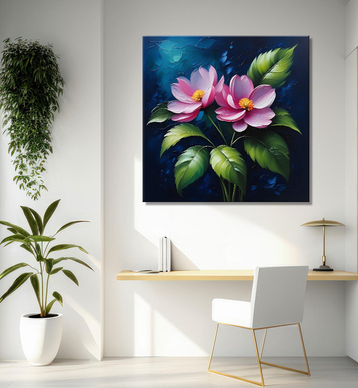 Pink flowers in navy blue textured painting Flower-S-565