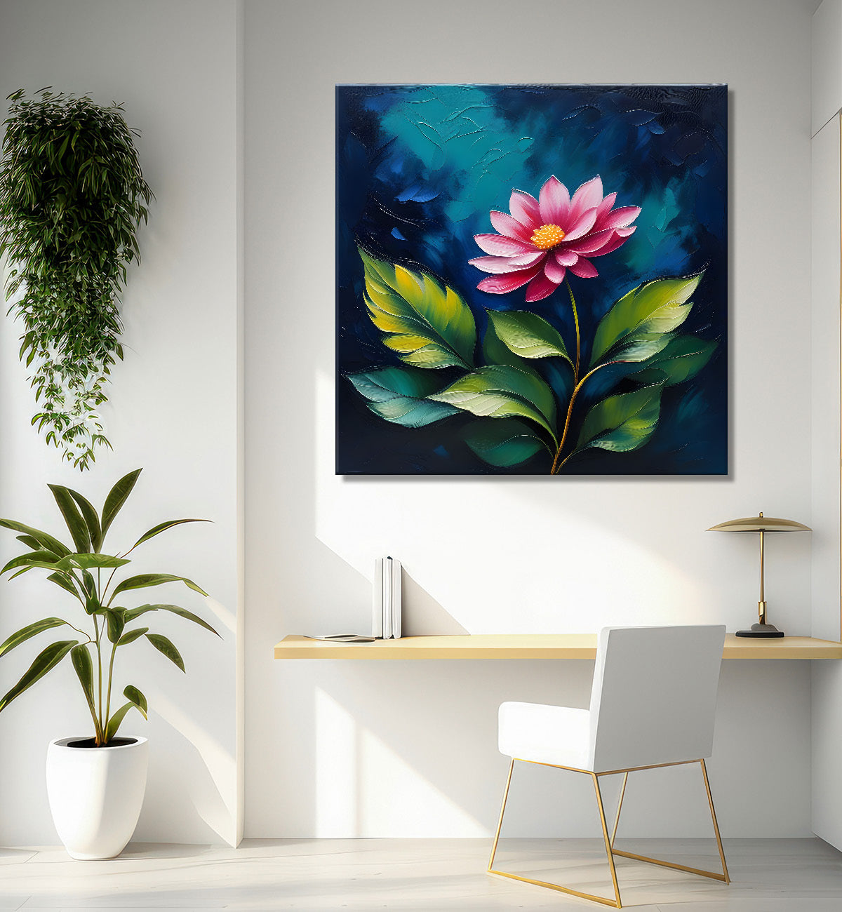 Pink flowers in navy blue textured painting Flower-S-566