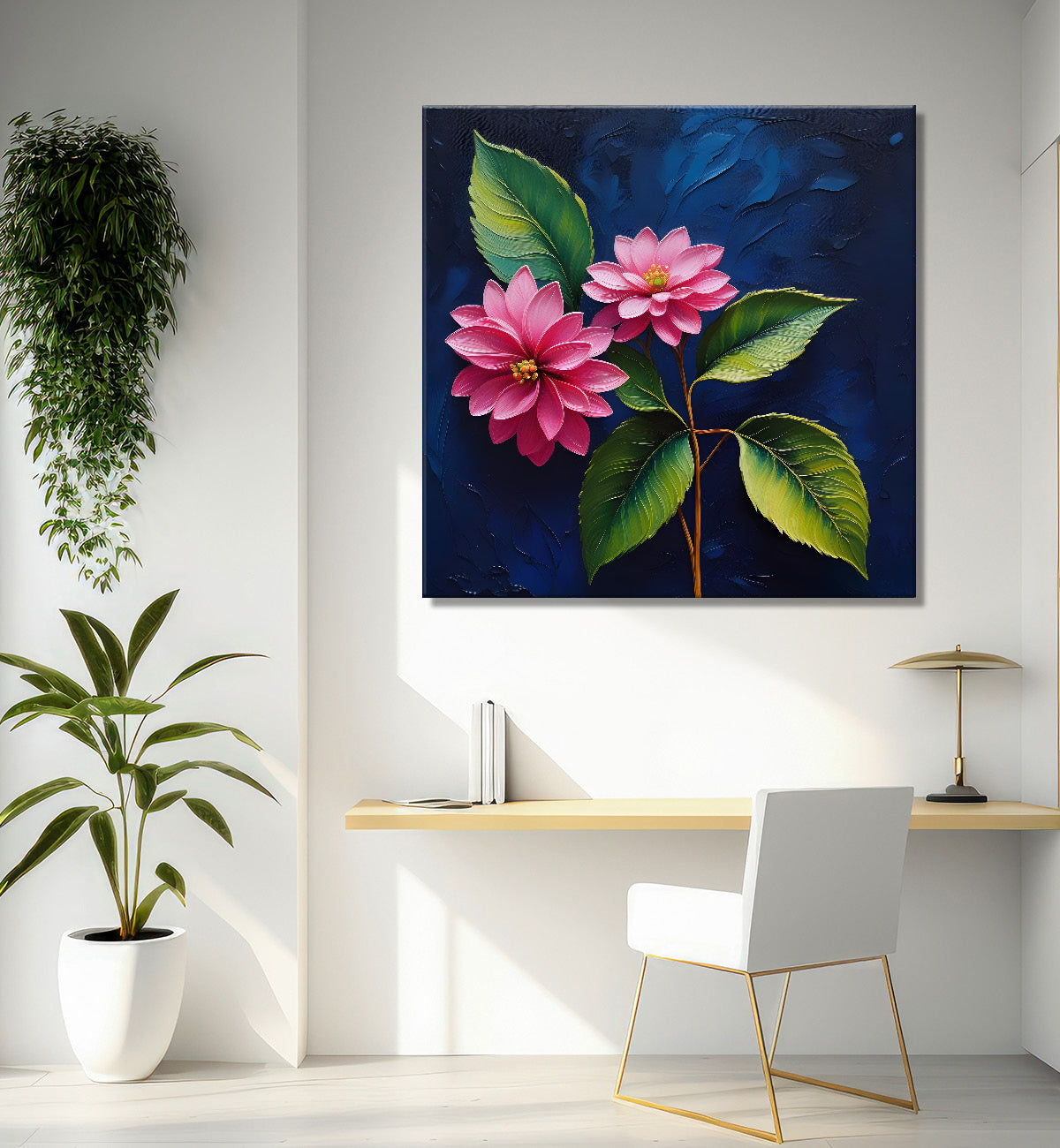 Pink flowers in navy blue textured painting Flower-S-567