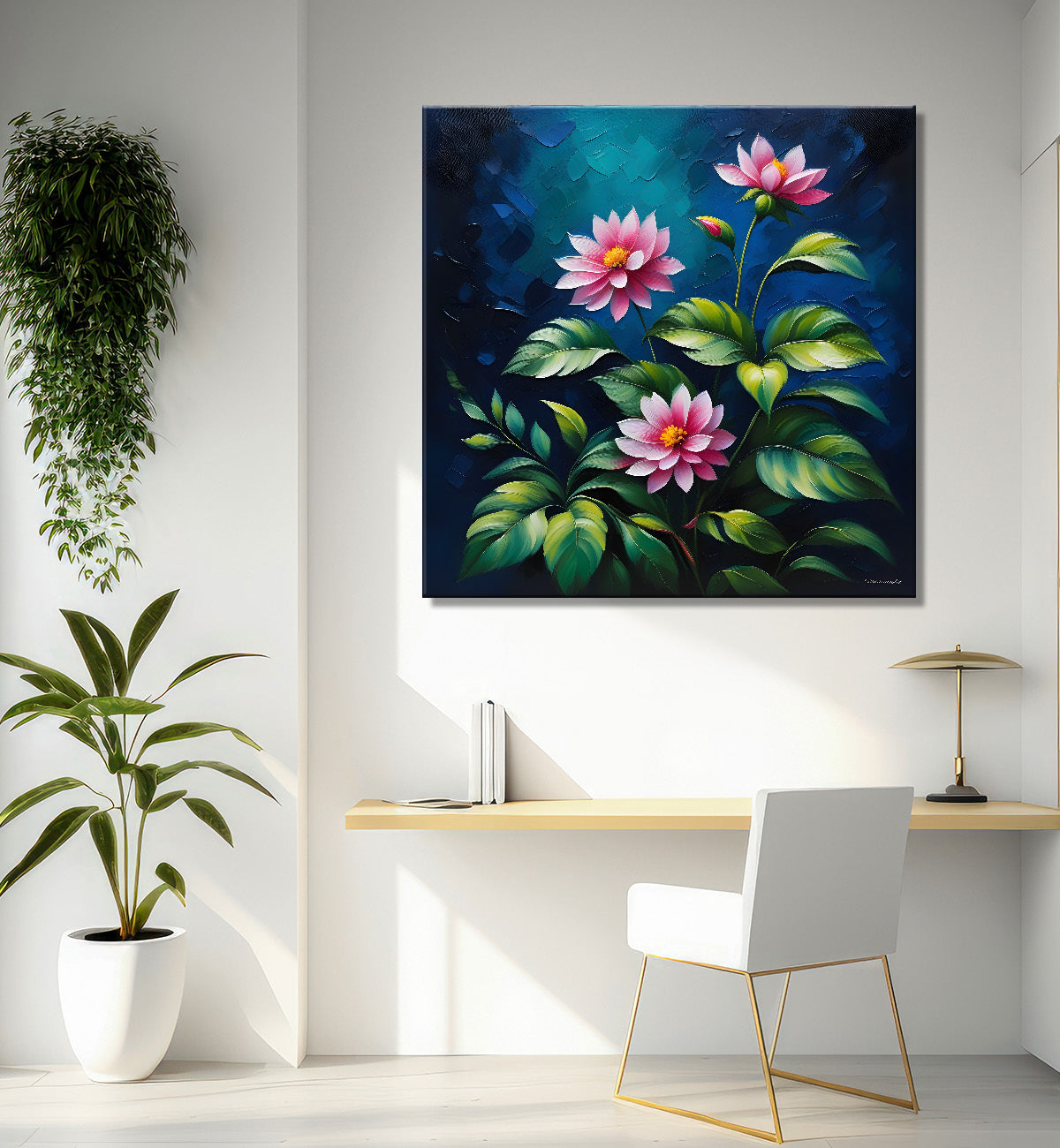 Pink flowers in navy blue textured painting Flower-S-568