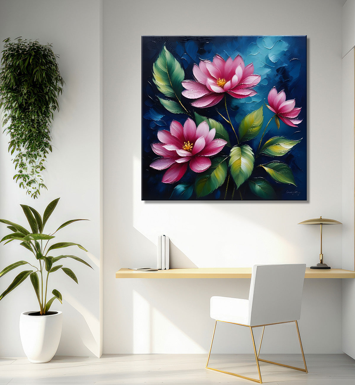 Pink flowers in navy blue textured painting Flower-S-570