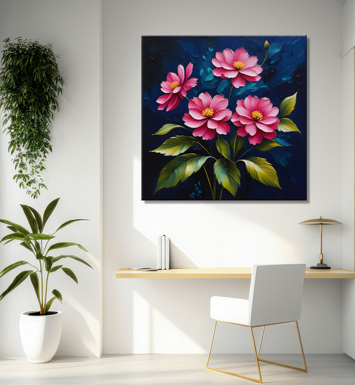 Pink flowers in navy blue textured painting Flower-S-571