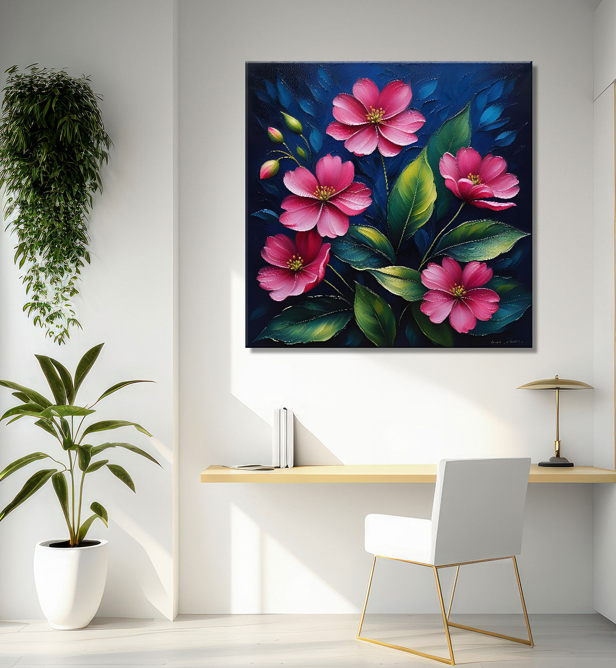 Pink flowers in navy blue textured painting Flower-S-572