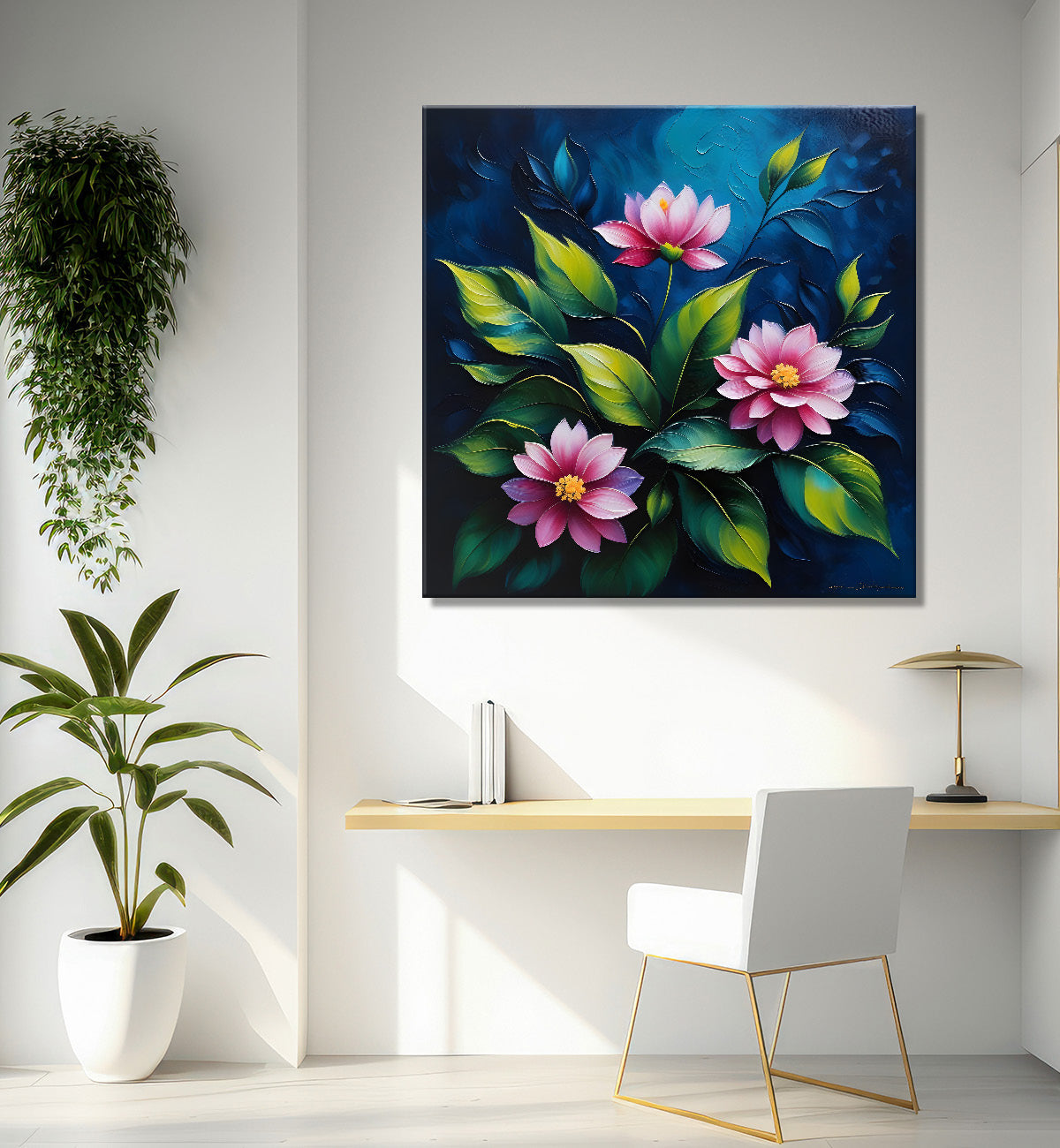 Pink flowers in navy blue textured painting Flower-S-573
