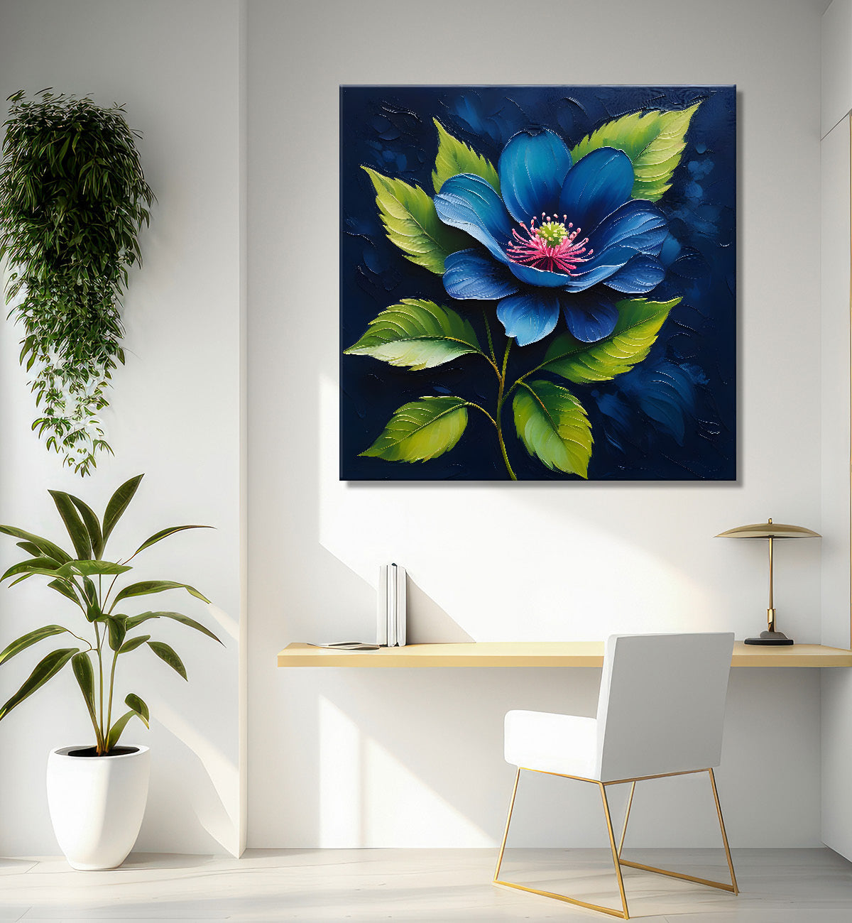 Pink flowers in navy blue textured painting Flower-S-574