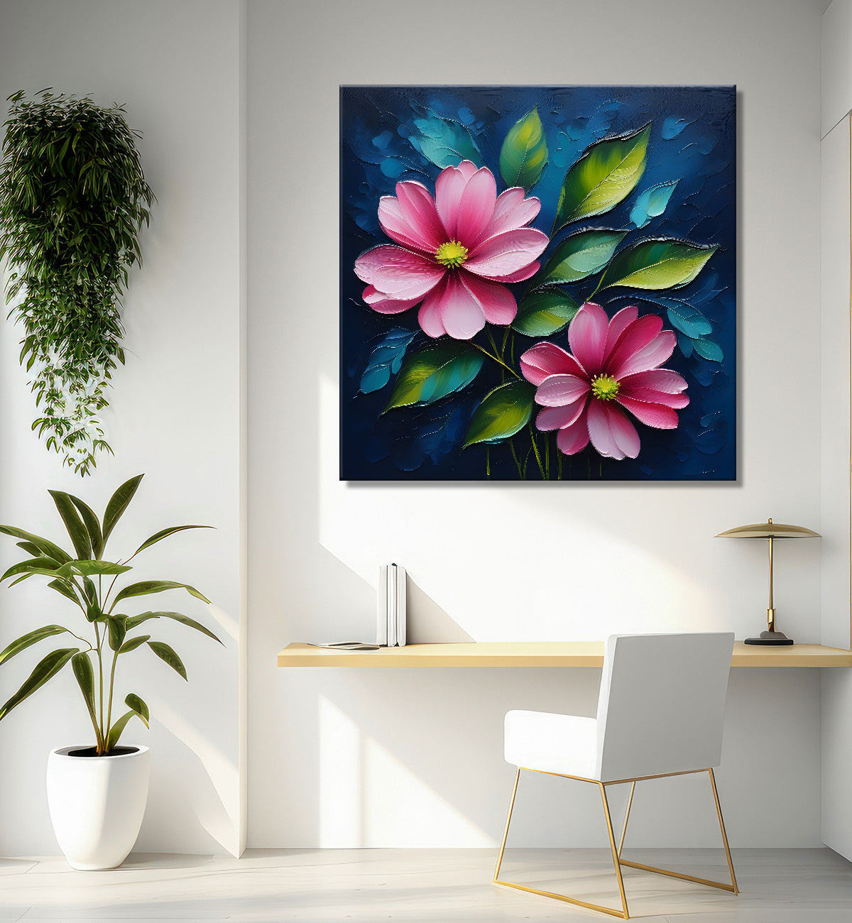 Pink flowers in navy blue textured painting Flower-S-576
