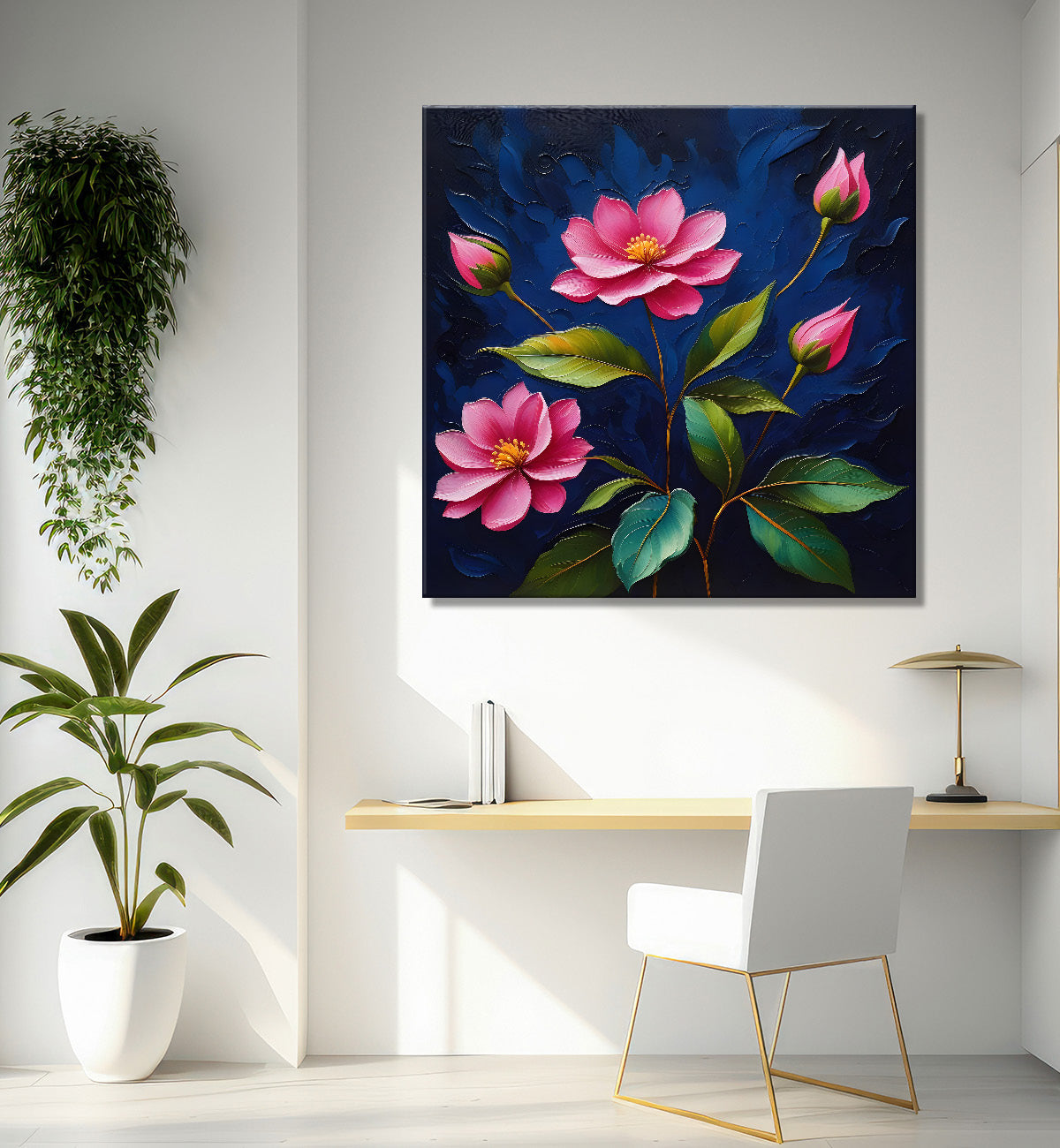 Pink flowers in navy blue textured painting Flower-S-577