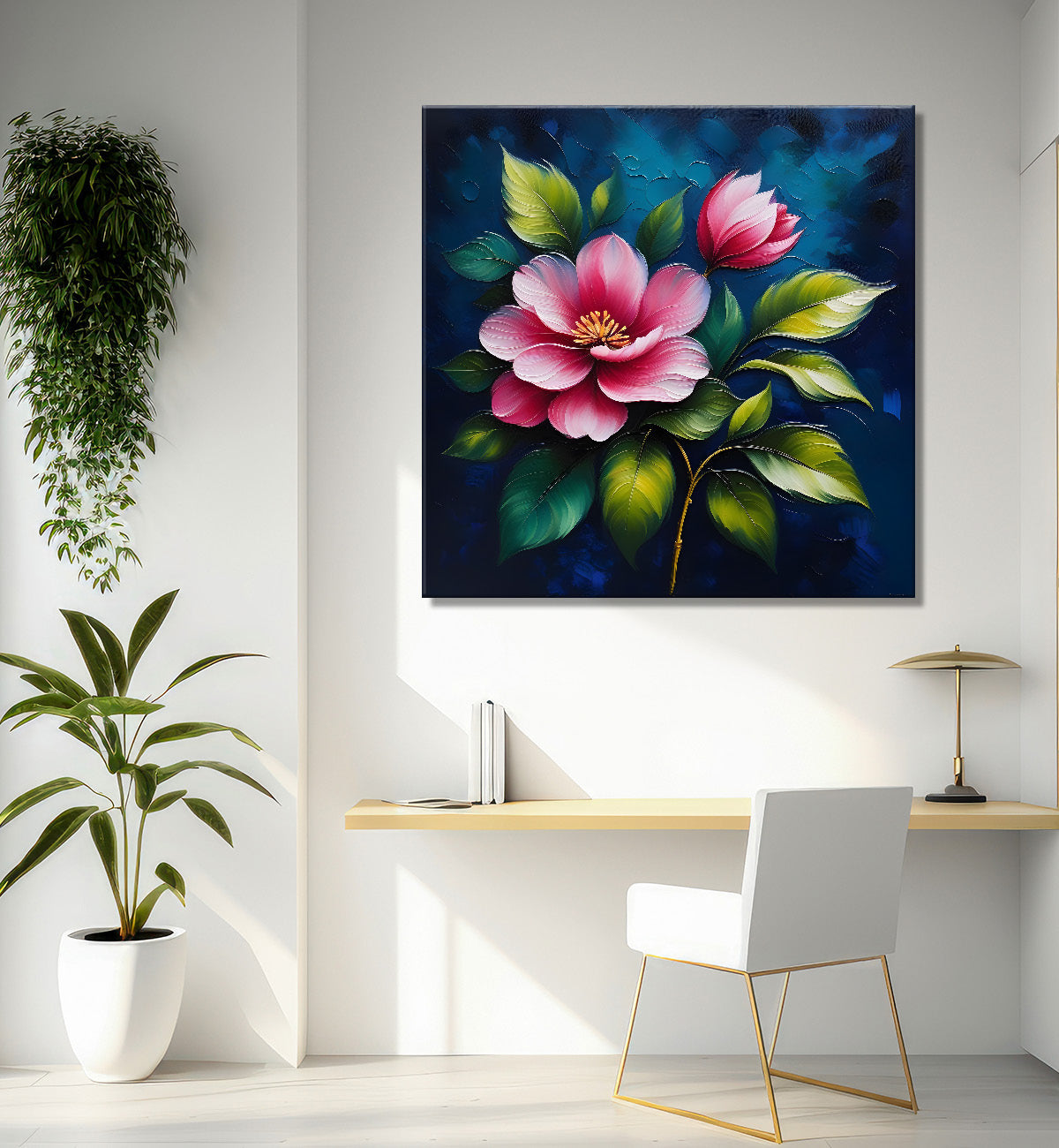 Pink flowers in navy blue textured painting Flower-S-578