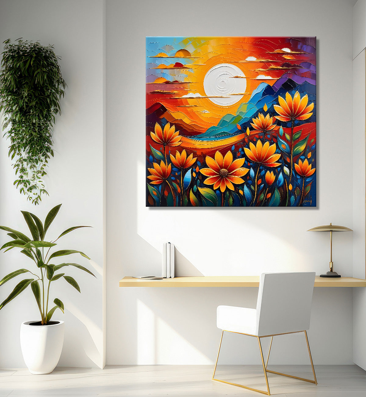 Sunflowers with the sunrise textured oil painting Flower-S-581