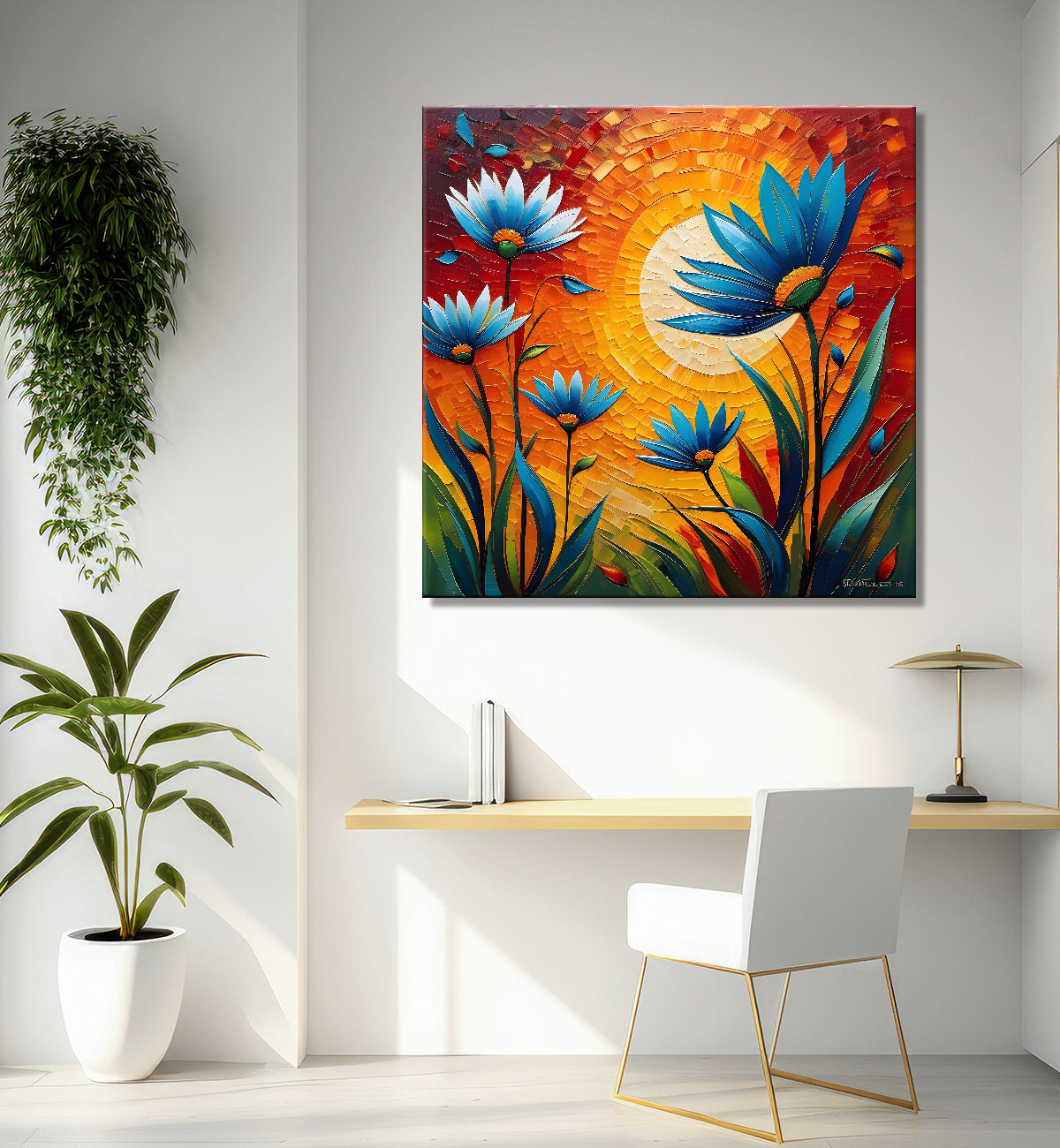Blue flowers with the sunrise textured oil painting Flower-S-582