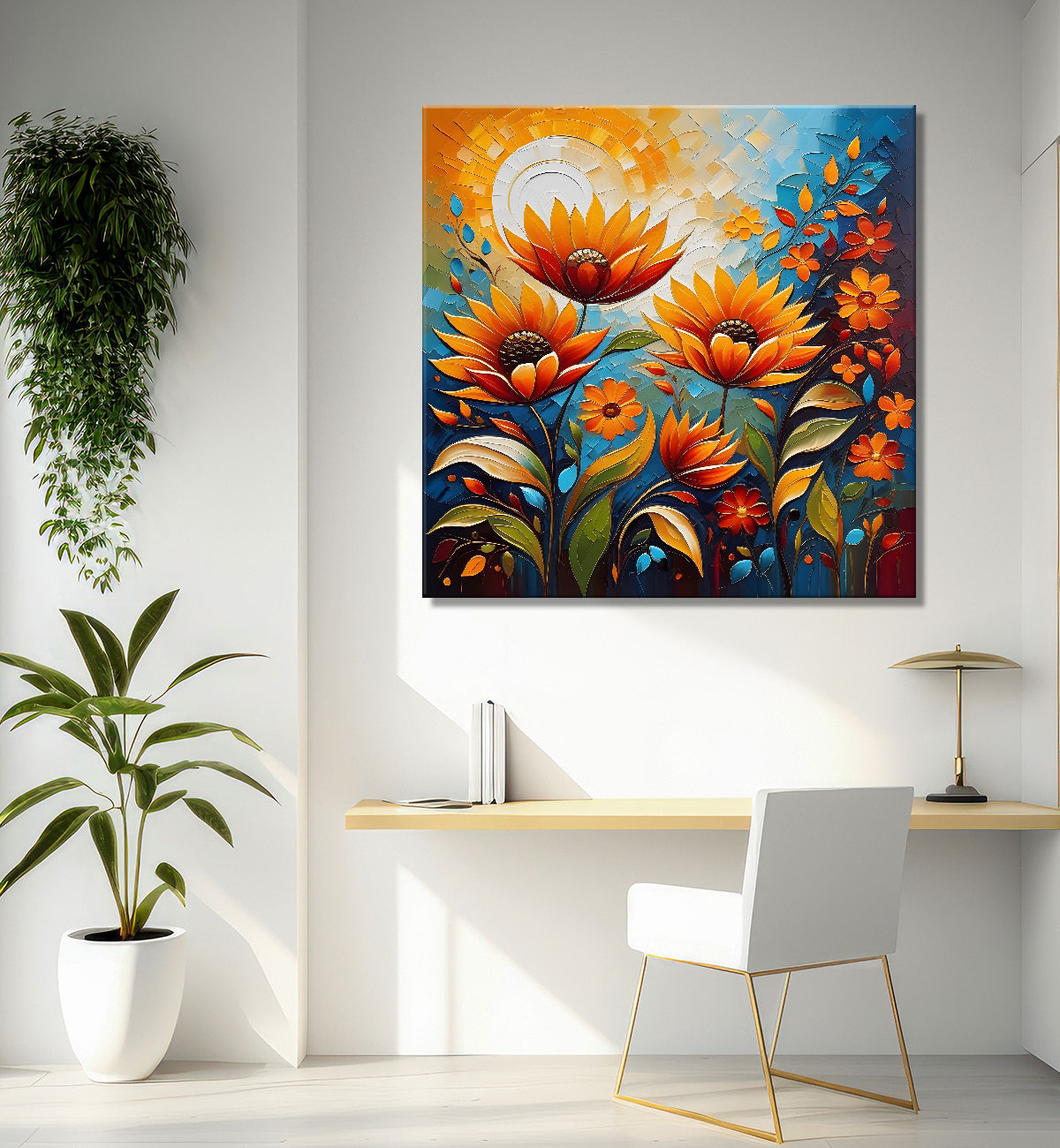Sunflowers with the sunrise textured oil painting Flower-S-583