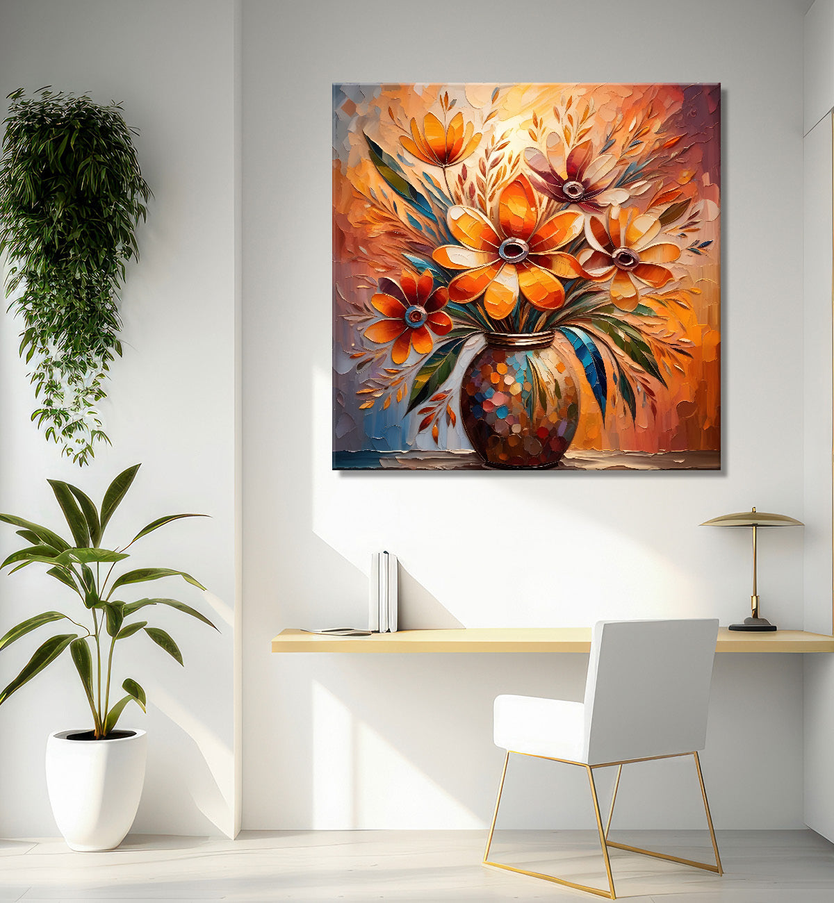 Brown flowers in a vas with yellow textured oil painting Flower-S-584