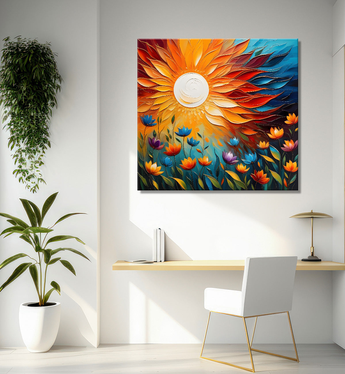Colourful flowers with the sunrise textured oil painting Flower-S-586