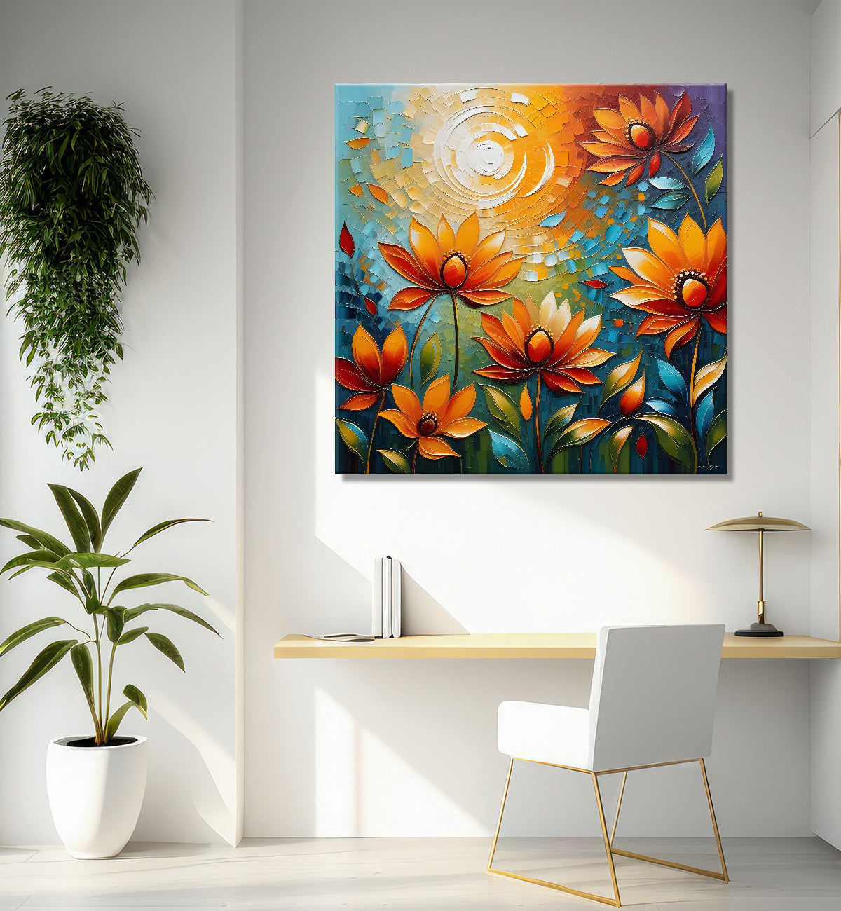 Pink flowers with colourful textured oil painting Flower-S-587