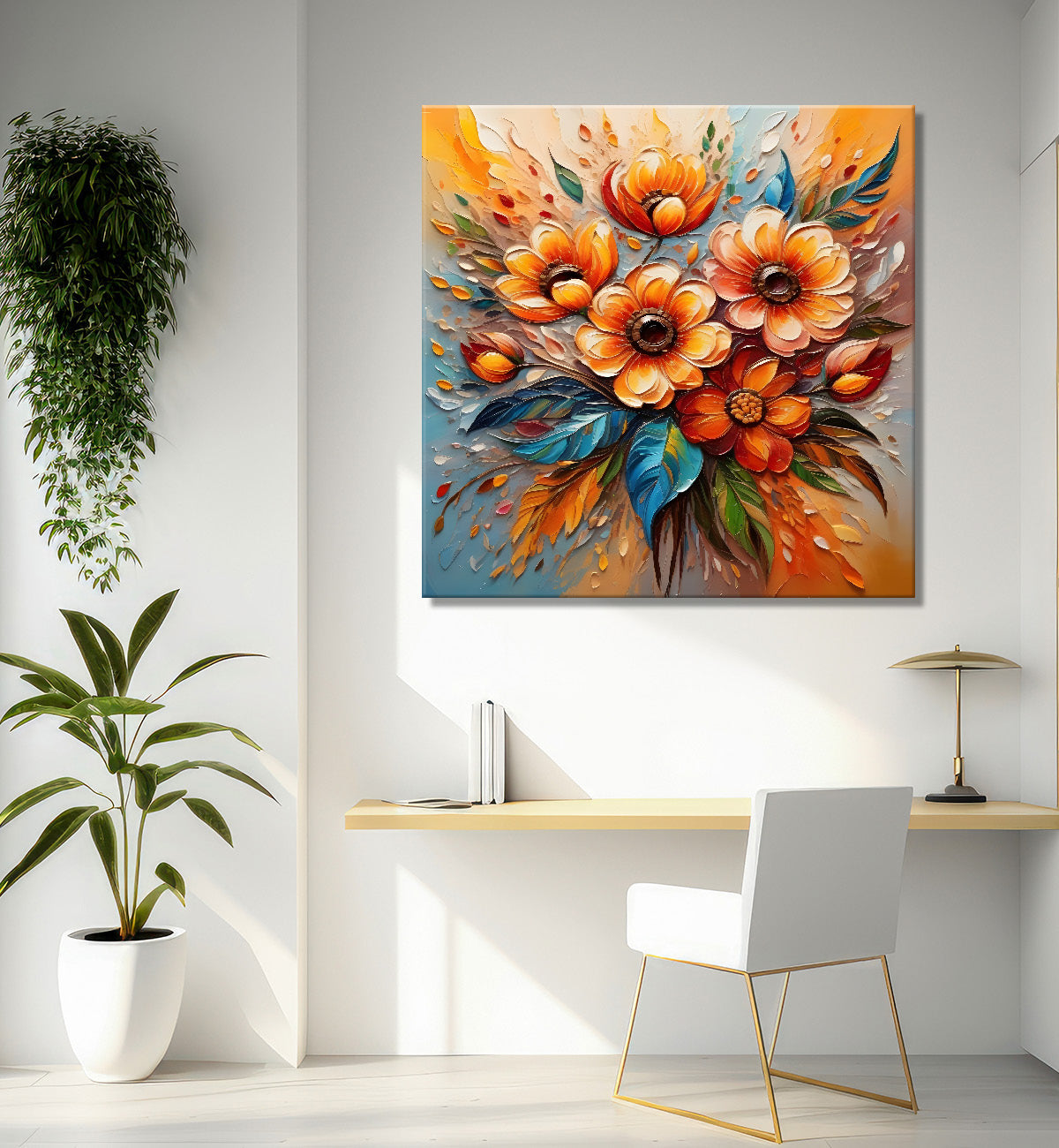 Pink flowers with colourful textured oil painting Flower-S-588