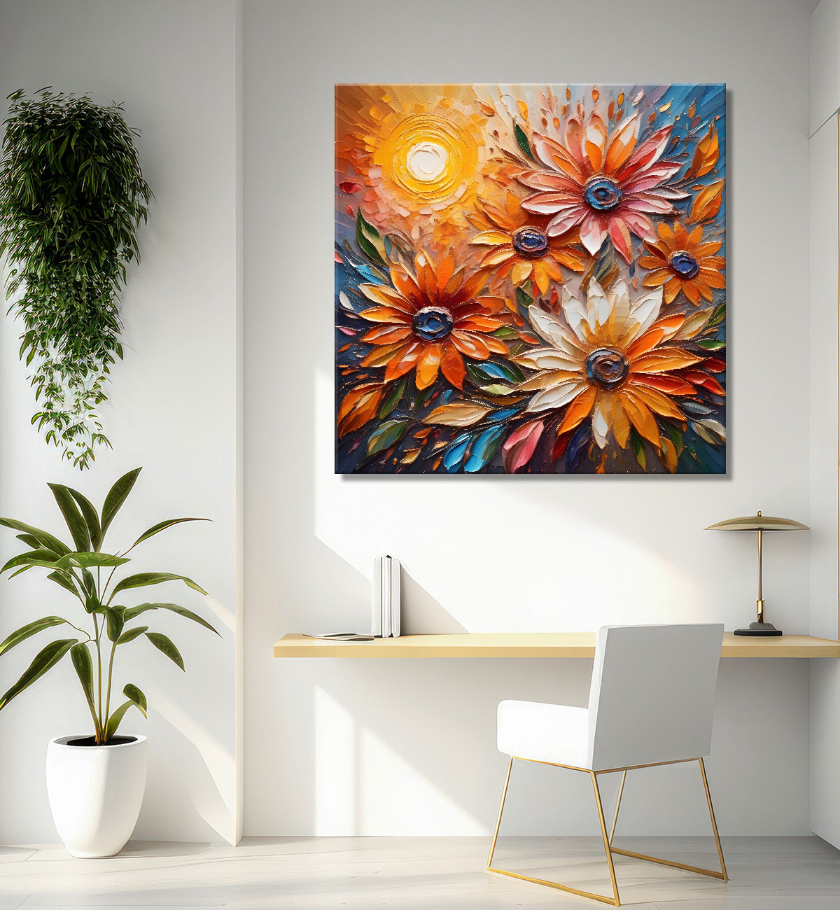 Pink flowers with the sunrise textured oil painting Flower-S-589