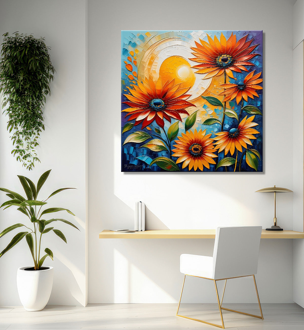 Sunflowers with the sunrise textured oil painting Flower-S-590