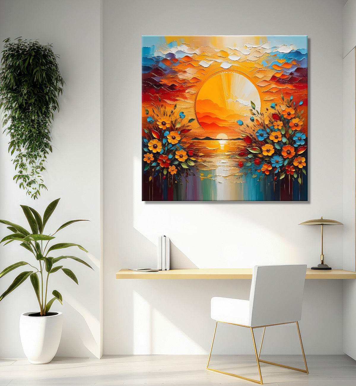 Yellow flowers with the sunrise textured oil painting Flower-S-591