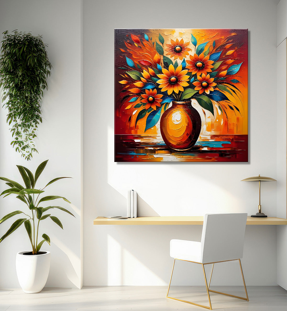 Yellow flowers in a vas with brown textured oil painting Flower-S-592