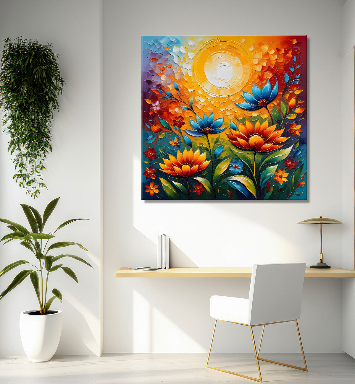 Colourful flowers with the sunrise textured oil painting Flower-S-593