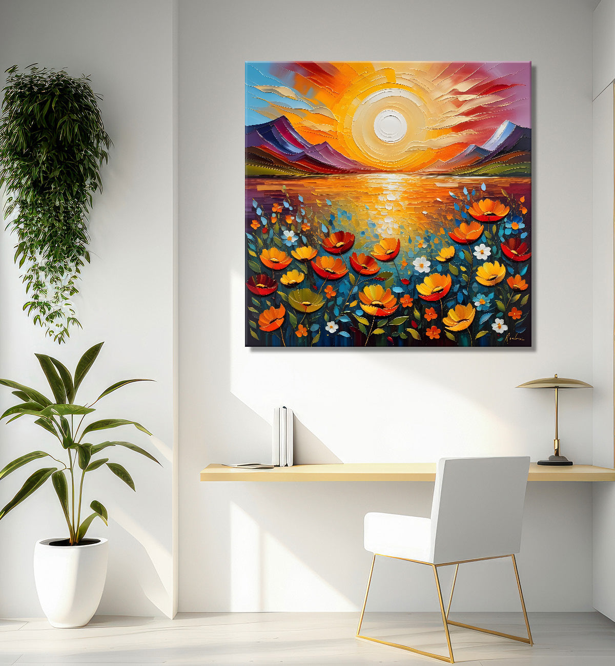 Colourful flowers with the sunrise textured oil painting Flower-S-594