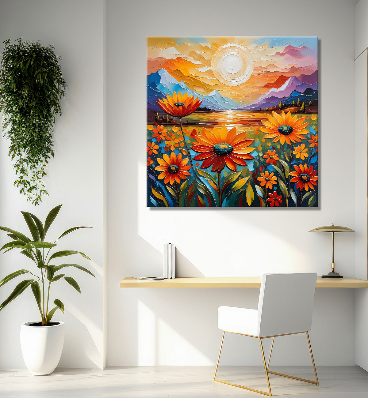 Colourful flowers with the sunrise textured oil painting Flower-S-595