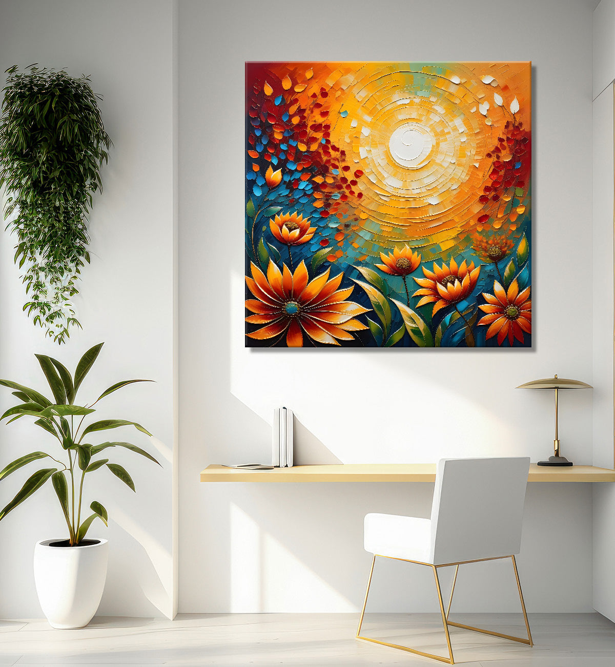 Colourful flowers with the sunrise textured oil painting Flower-S-596