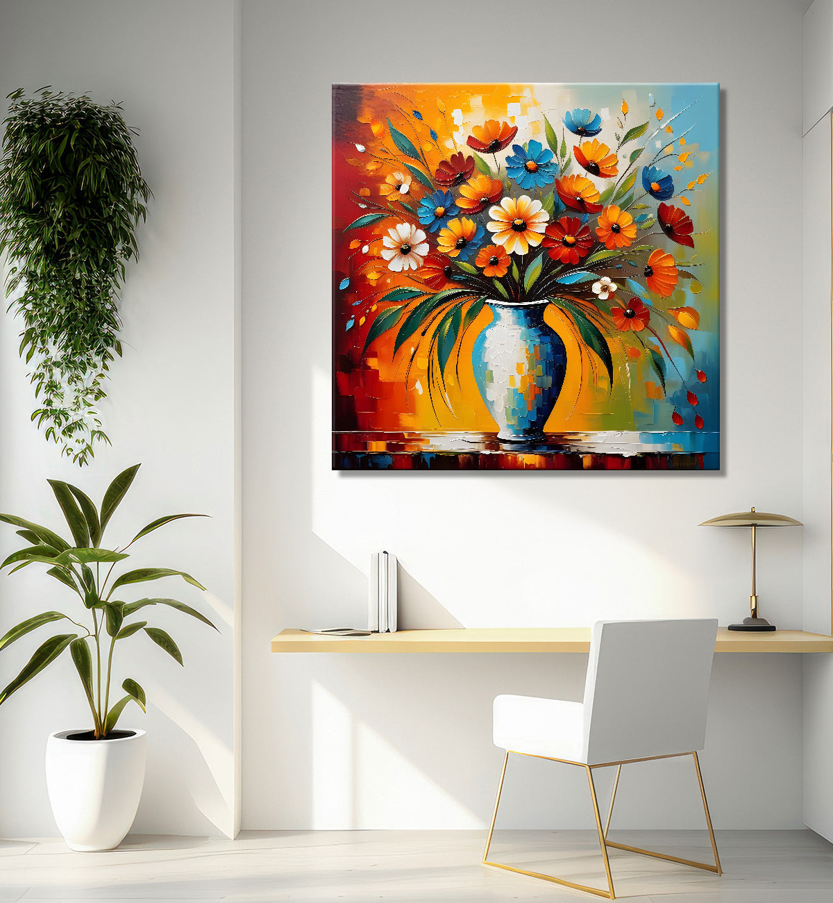 Colourful flowers in a vas with colourful textured oil painting Flower-S-597