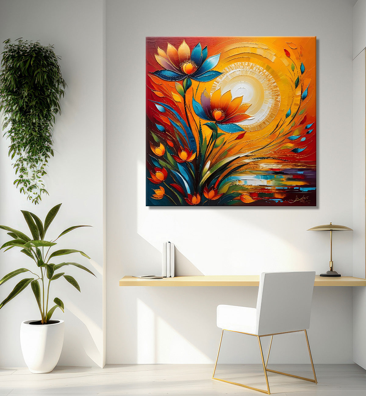 Colourful flowers with the sunrise textured oil painting Flower-S-598