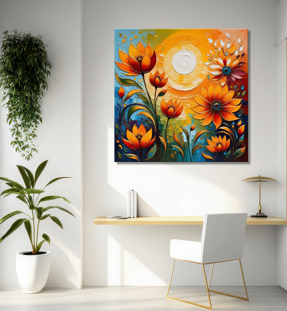 Yellow flowers with the sunrise textured oil painting Flower-S-599