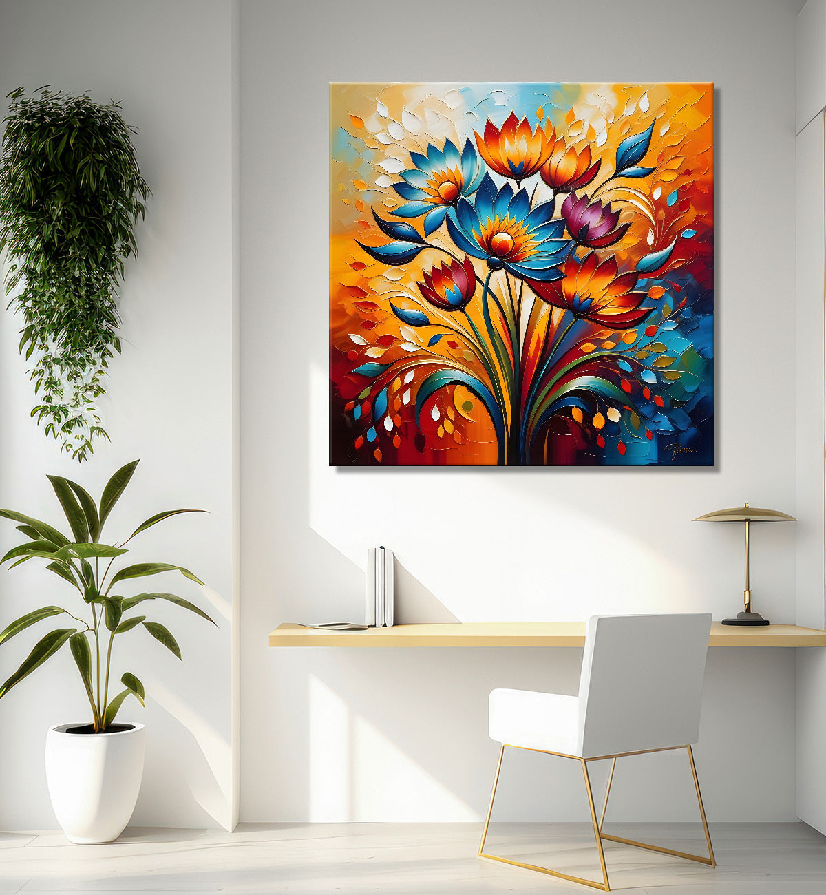Colourful flowers in a vas with colourful textured oil painting Flower-S-600