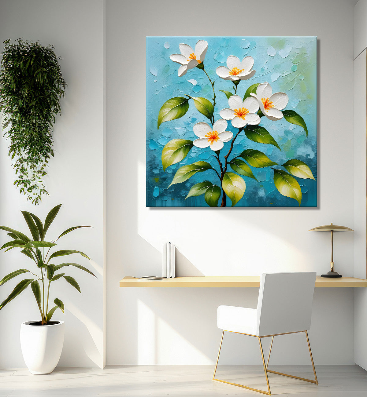 White flowers with blue textured painting - Flower-S-601