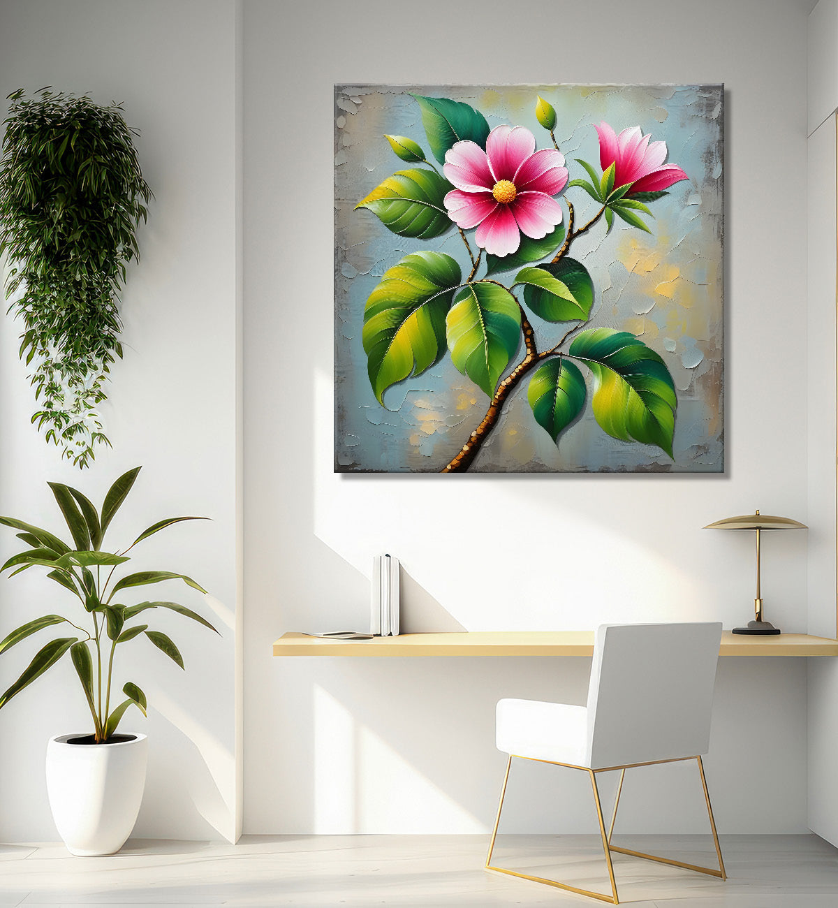 Pink flowers with grey background textured painting - Flower-S-602