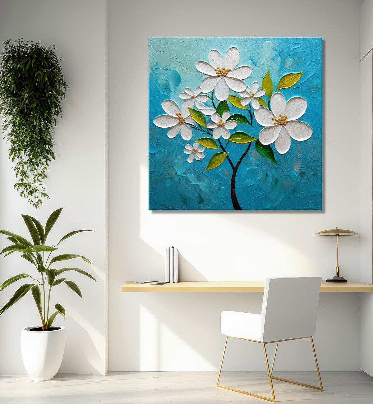 White flowers with blue textured painting - Flower-S-603