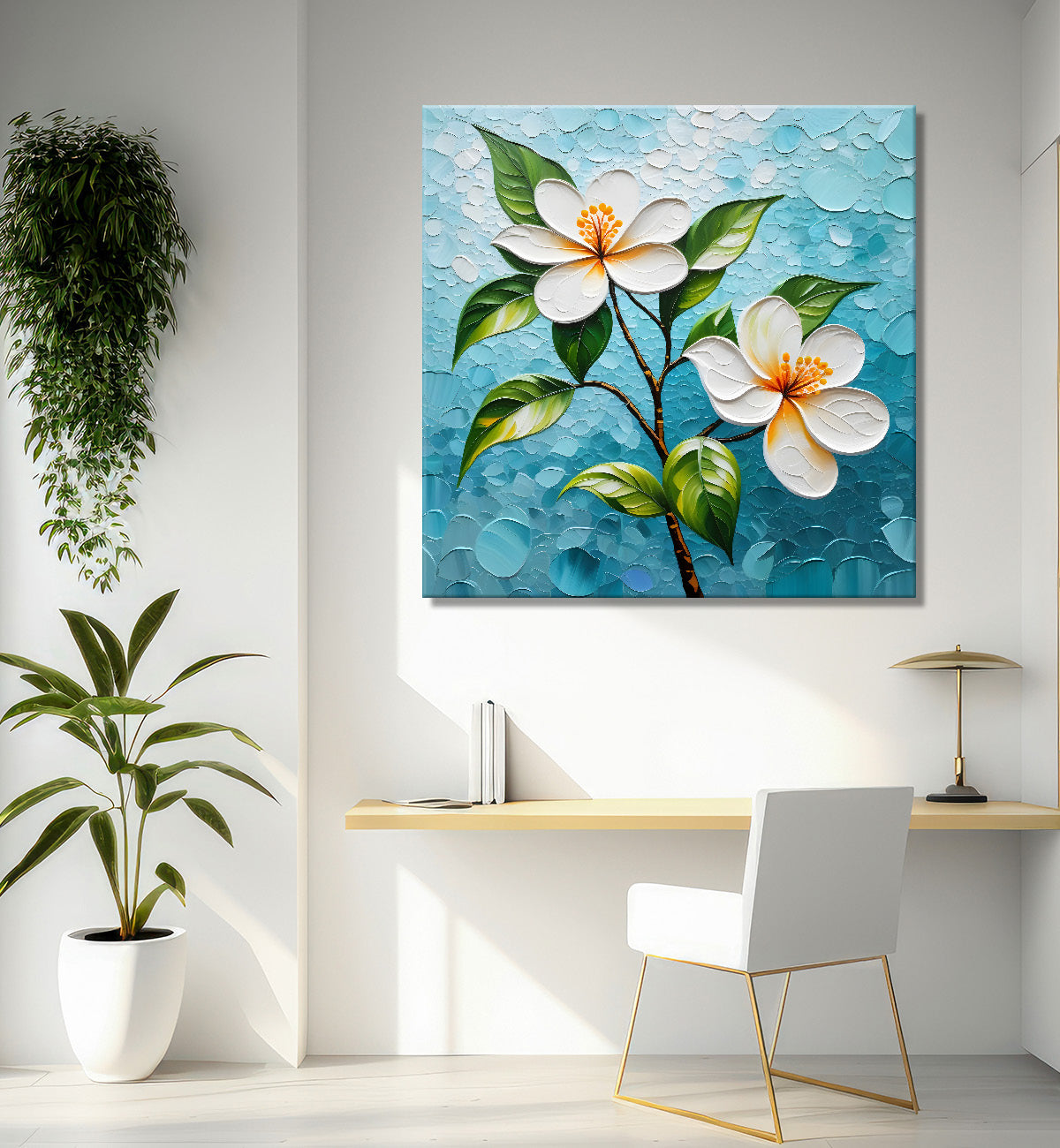 White flowers with blue textured painting - Flower-S-604