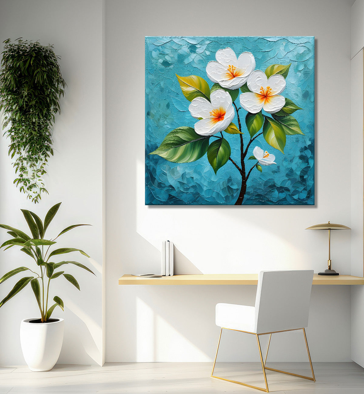 White flowers with blue textured painting - Flower-S-605