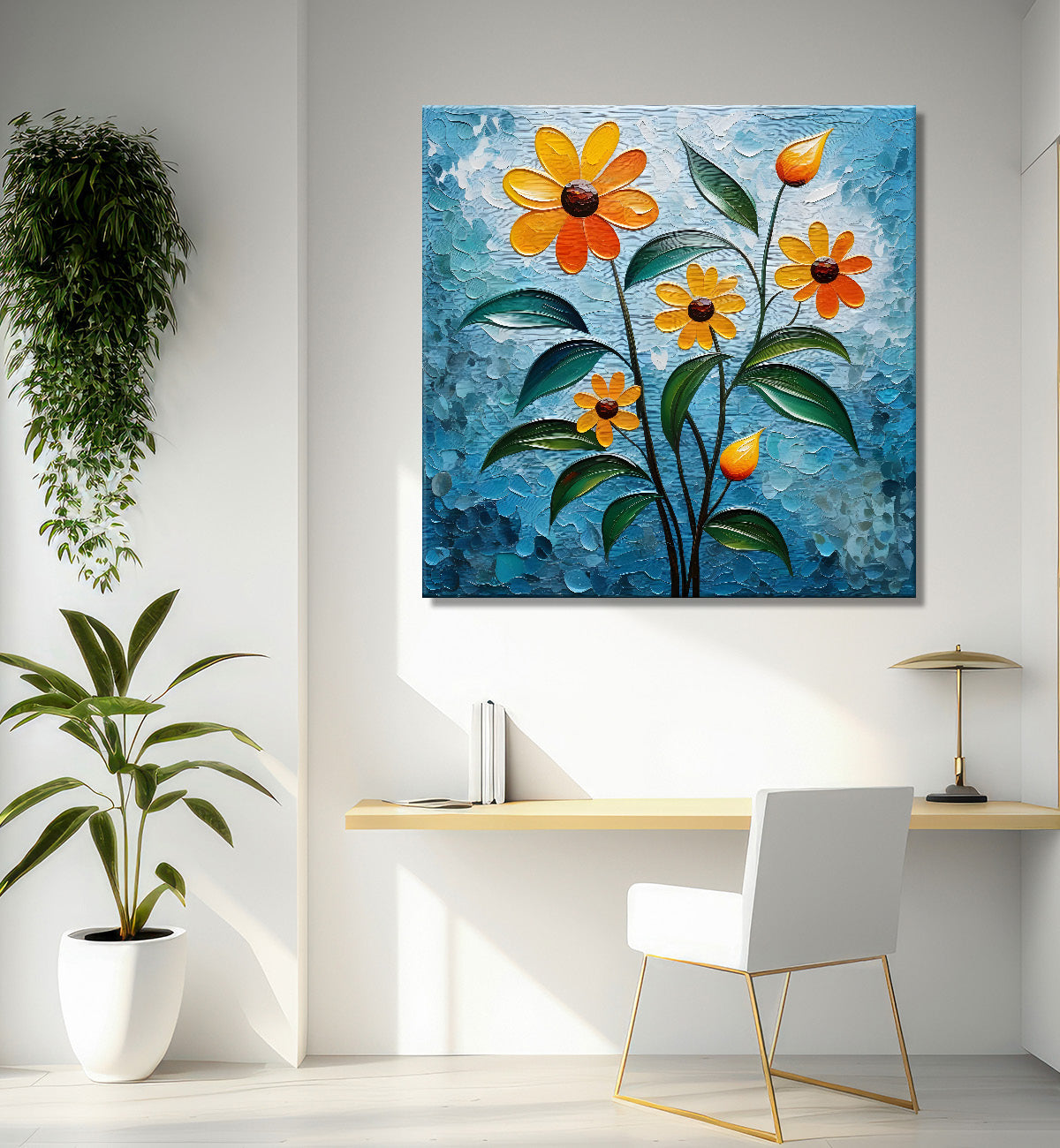 Orange flowers with blue textured painting - Flower-S-606