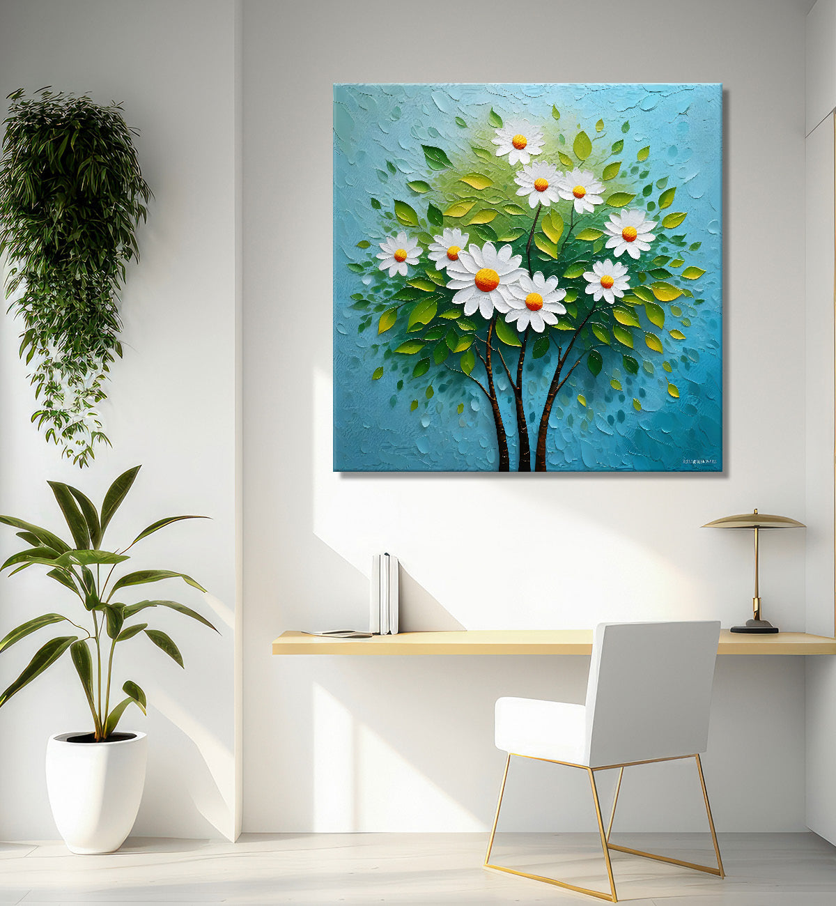 White flowers with blue textured painting - Flower-S-607
