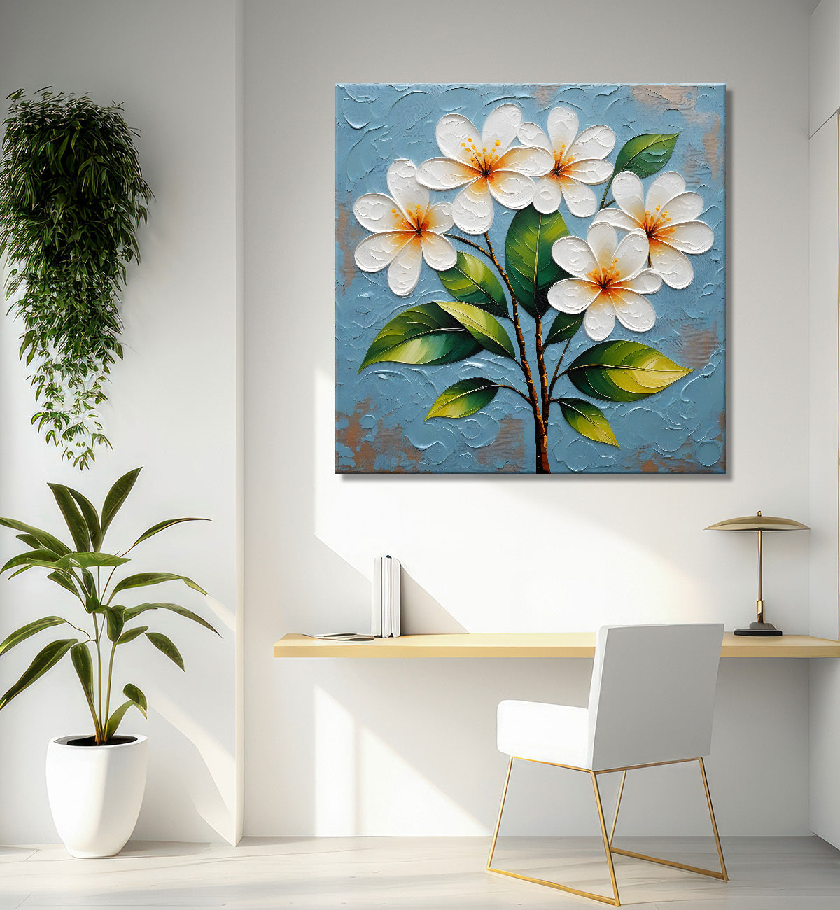 White flowers with blue textured painting - Flower-S-608