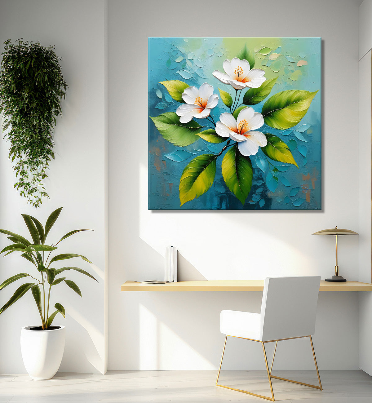White flowers with blue textured painting - Flower-S-609